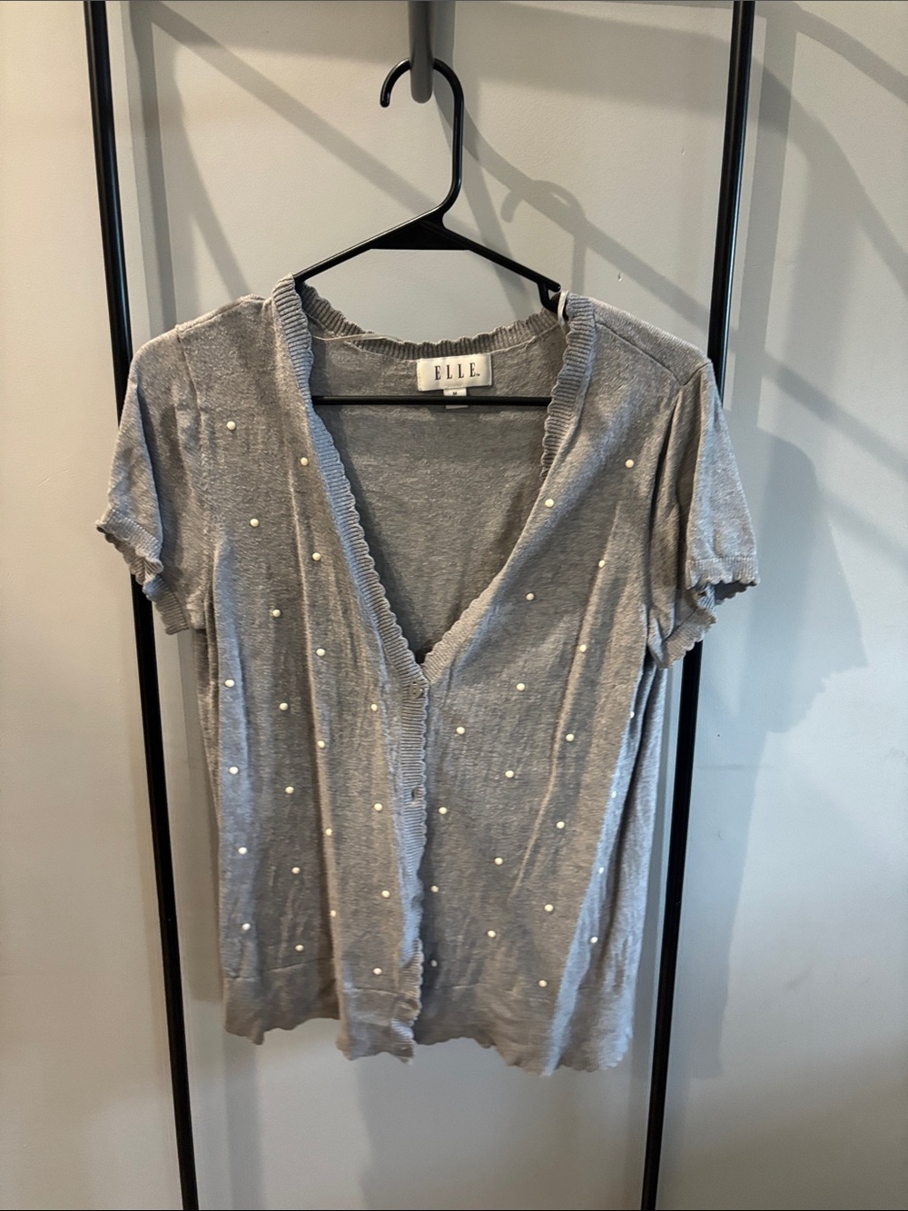 ELLE Light Gray V-Neck Short Sleeve Top with Pearl Dots